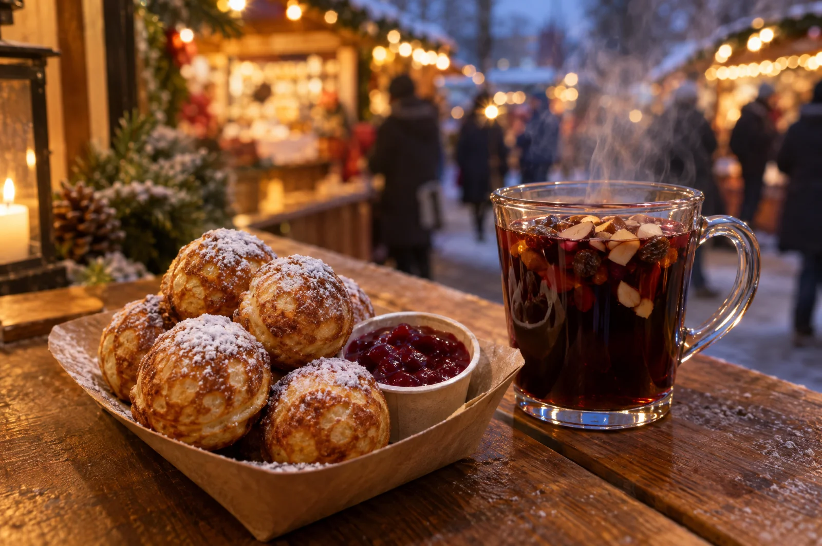 Æbleskiver med flormelis og syltetøj og et glas gløgg på disken i en julebod