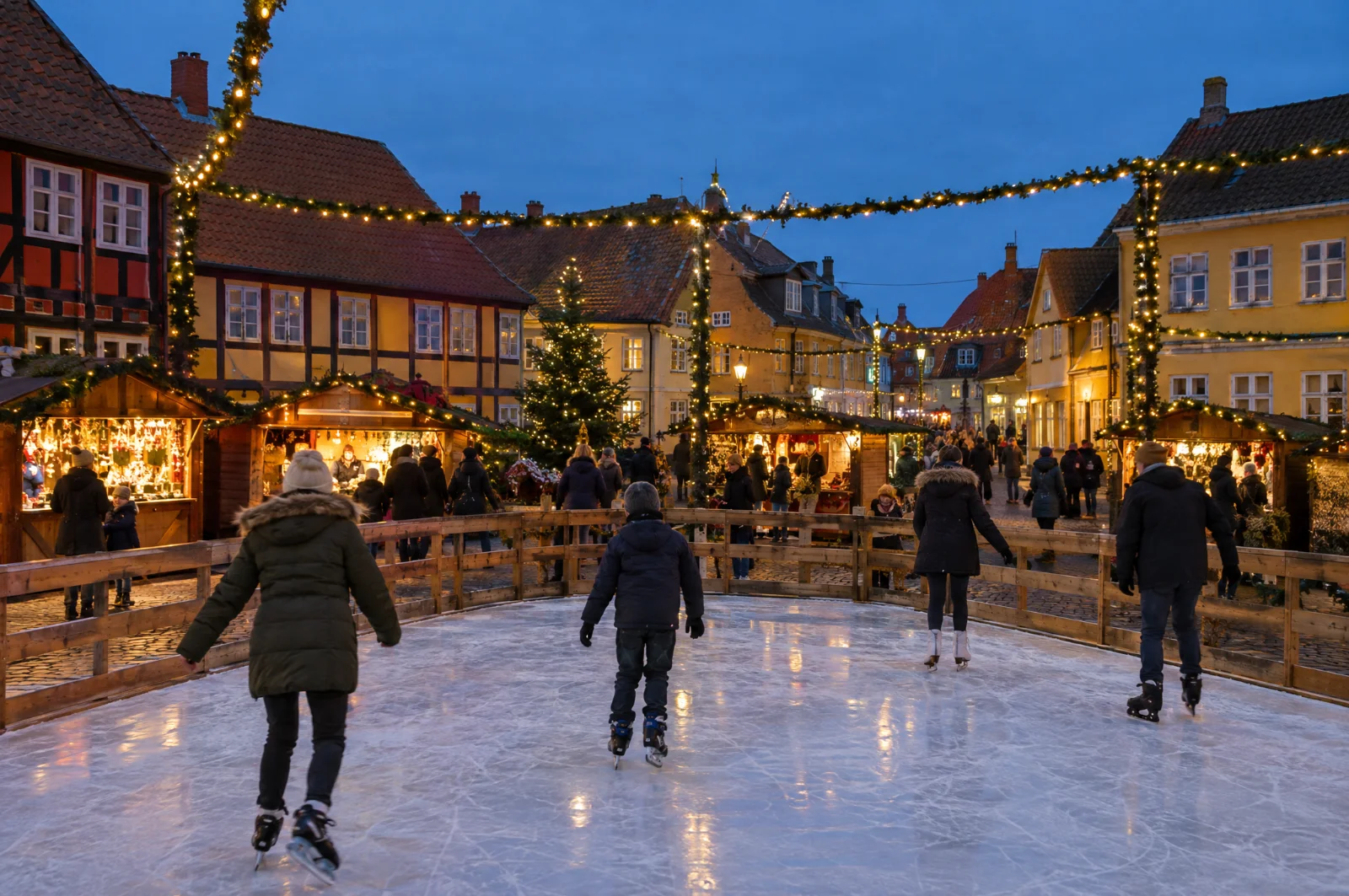 Julehytter med lyskæder og en lille skøjtebane på et torv i skumringen