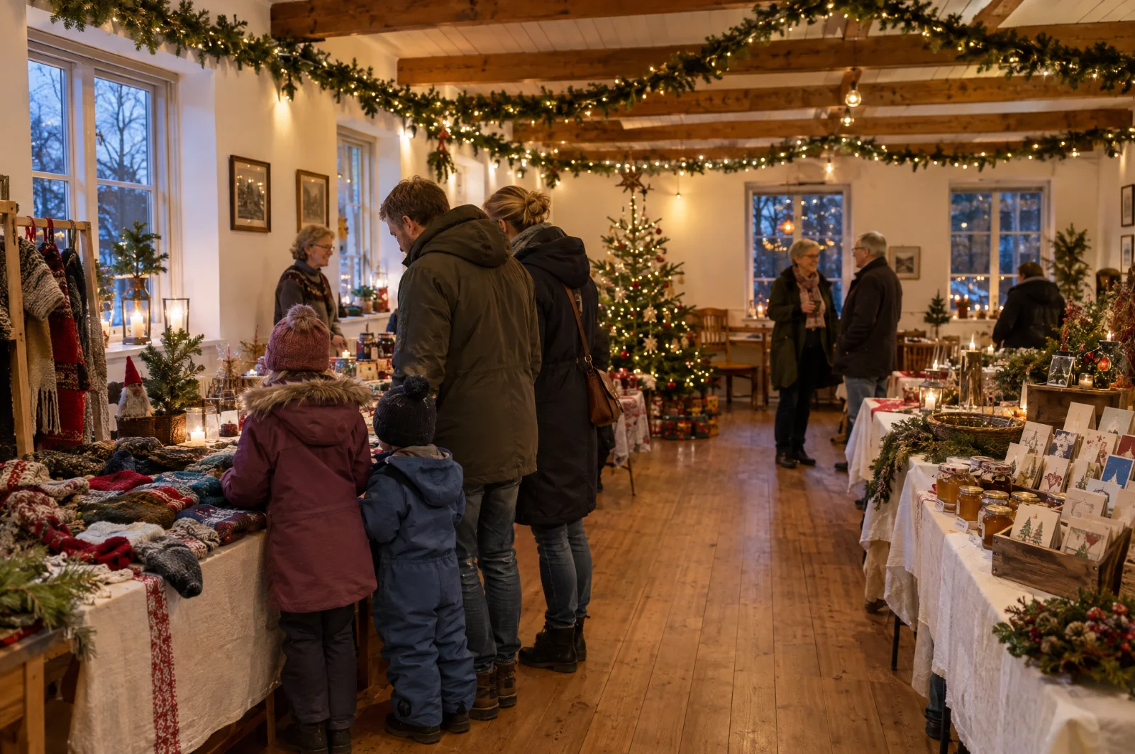 Julemarked i et forsamlingshus med borde med kunsthåndværk og en familie, der kigger på
